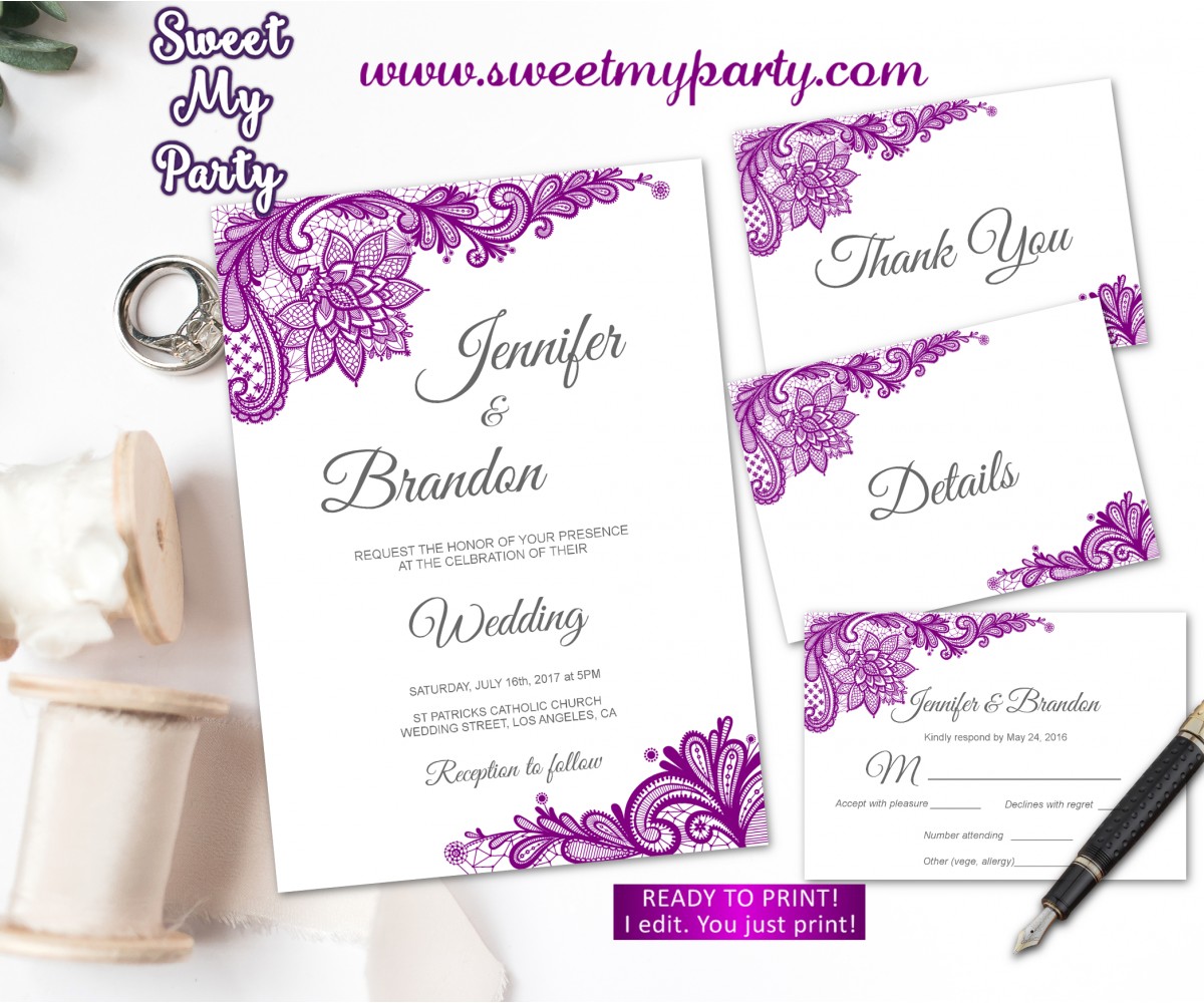 Purple Wedding Invitation suite set, Lace Wedding invitation suite,(115w)